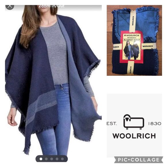 NWT Woolrich reversible blanket wrap, shawl cardigan in shades of blue one size - Picture 1 of 5